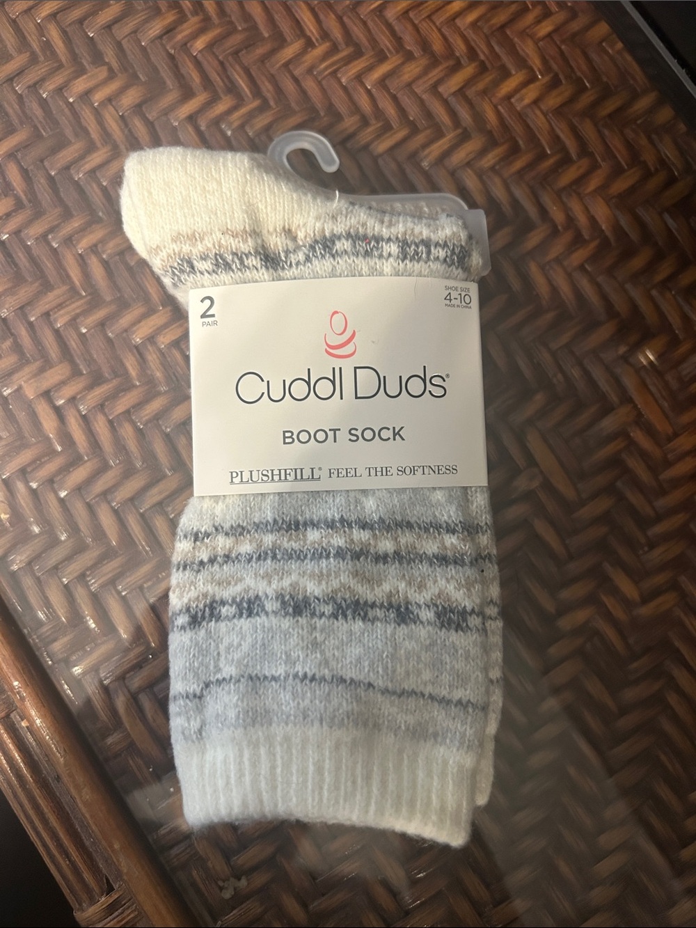 Cuddl Duds Cream and Gray Striped Plush Boot Socks - 2 Pack